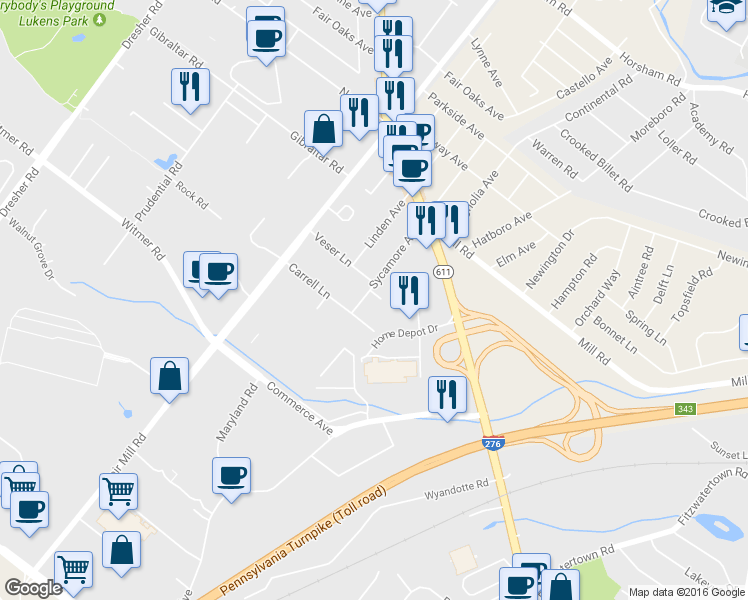 map of restaurants, bars, coffee shops, grocery stores, and more near 2598 Veser Lane in Willow Grove