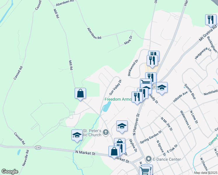 map of restaurants, bars, coffee shops, grocery stores, and more near 175 Sun Valley Road in Elizabethtown
