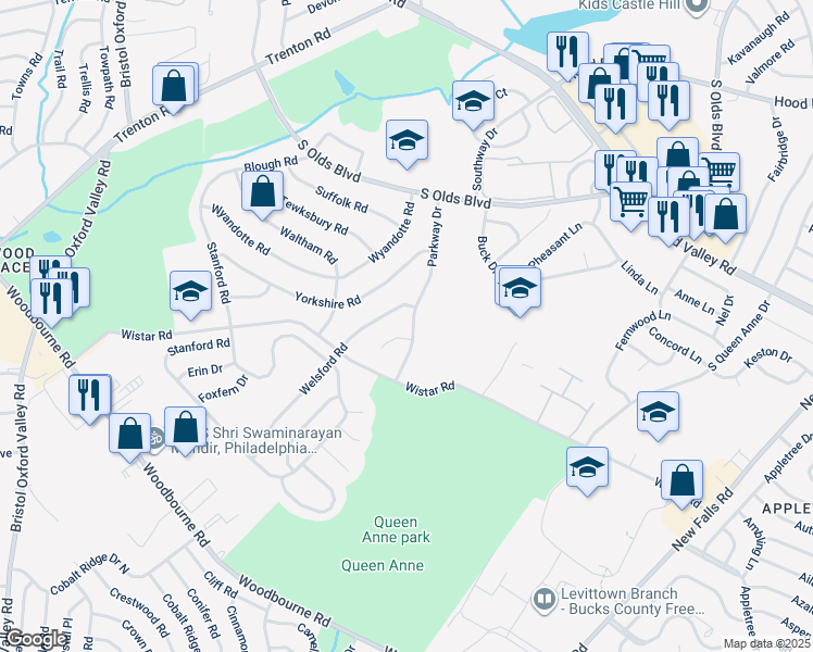 map of restaurants, bars, coffee shops, grocery stores, and more near 605 Parkway Drive in Fairless Hills