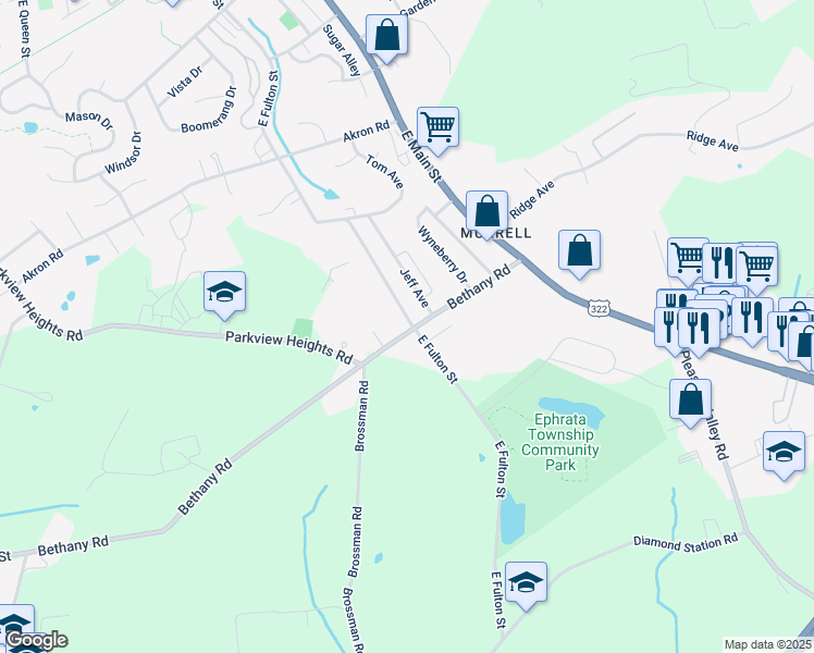 map of restaurants, bars, coffee shops, grocery stores, and more near 71 Bethany Road in Ephrata