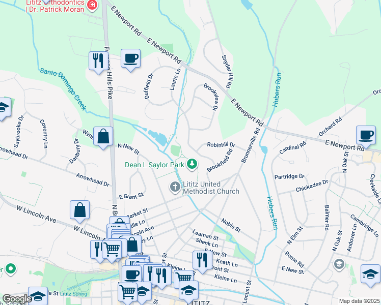 map of restaurants, bars, coffee shops, grocery stores, and more near 65 Laurie Lane in Lititz