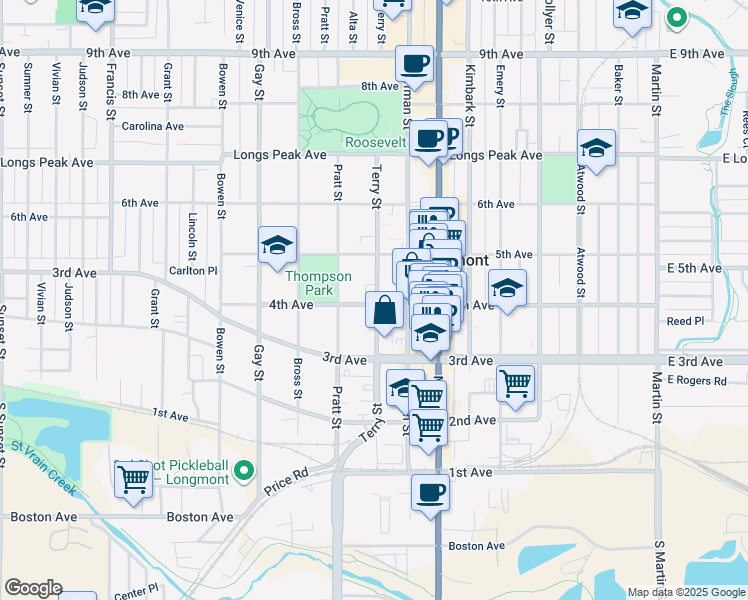 map of restaurants, bars, coffee shops, grocery stores, and more near 350 Terry Street in Longmont