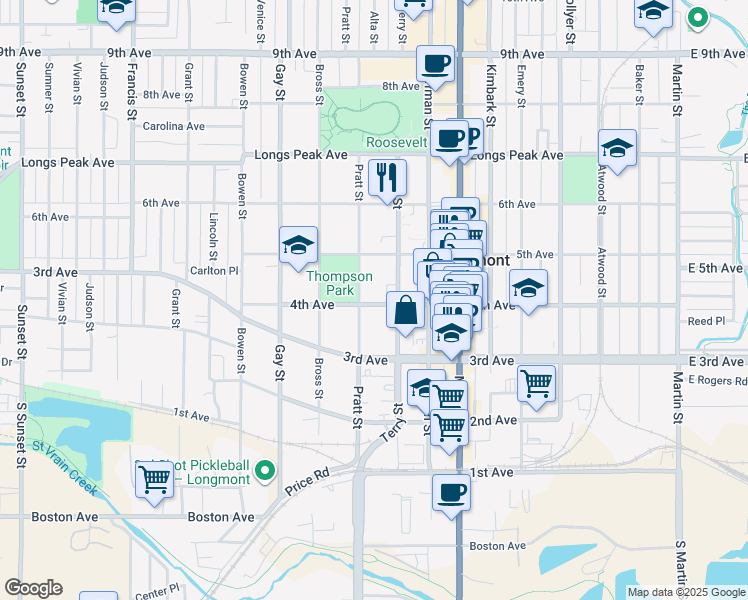 map of restaurants, bars, coffee shops, grocery stores, and more near 831 4th Avenue in Longmont