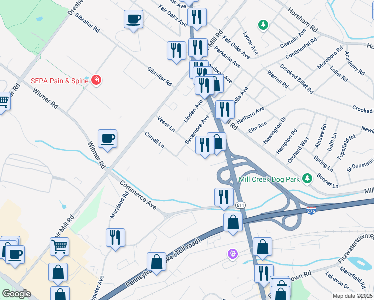 map of restaurants, bars, coffee shops, grocery stores, and more near 2598 Veser Lane in Willow Grove