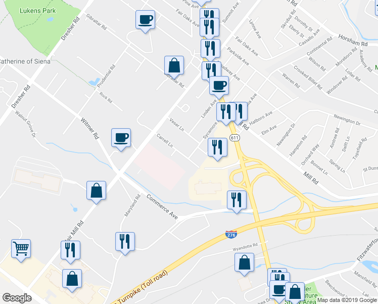 map of restaurants, bars, coffee shops, grocery stores, and more near 1492 Sycamore Avenue in Willow Grove
