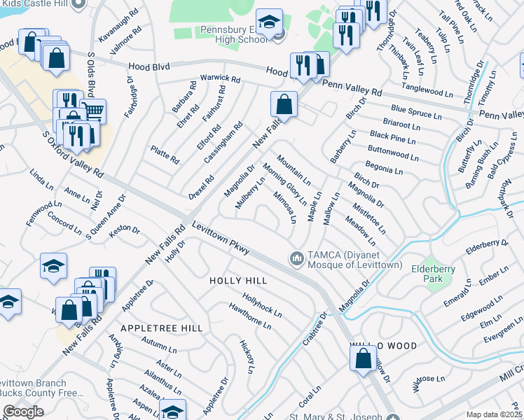 map of restaurants, bars, coffee shops, grocery stores, and more near 27 Marigold Circle in Levittown