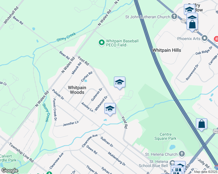 map of restaurants, bars, coffee shops, grocery stores, and more near Yost Road in Montgomery County