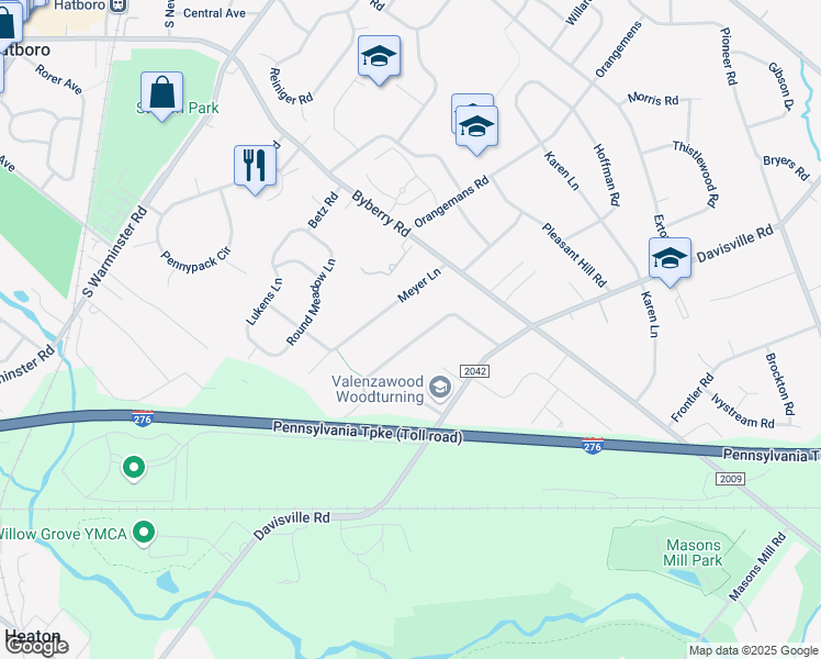 map of restaurants, bars, coffee shops, grocery stores, and more near 2536 Damian Drive in Hatboro