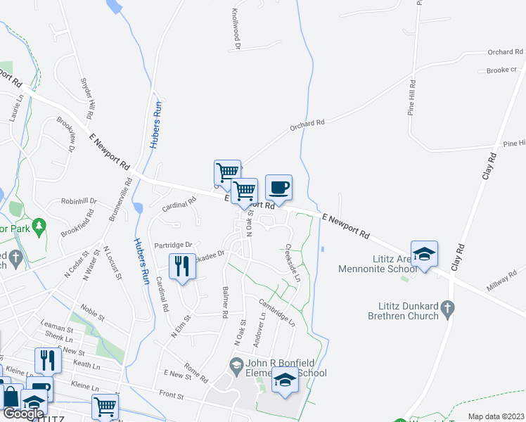 map of restaurants, bars, coffee shops, grocery stores, and more near 714 East Newport Road in Lititz