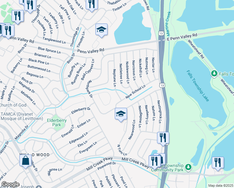 map of restaurants, bars, coffee shops, grocery stores, and more near 14 Neptune Ln in Levittown
