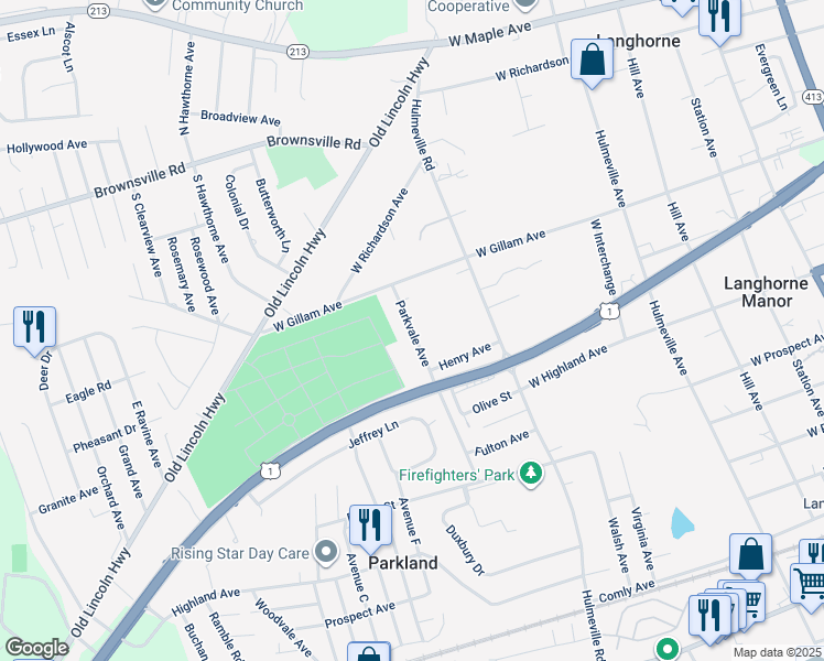 map of restaurants, bars, coffee shops, grocery stores, and more near 452 Parkvale Avenue in Langhorne