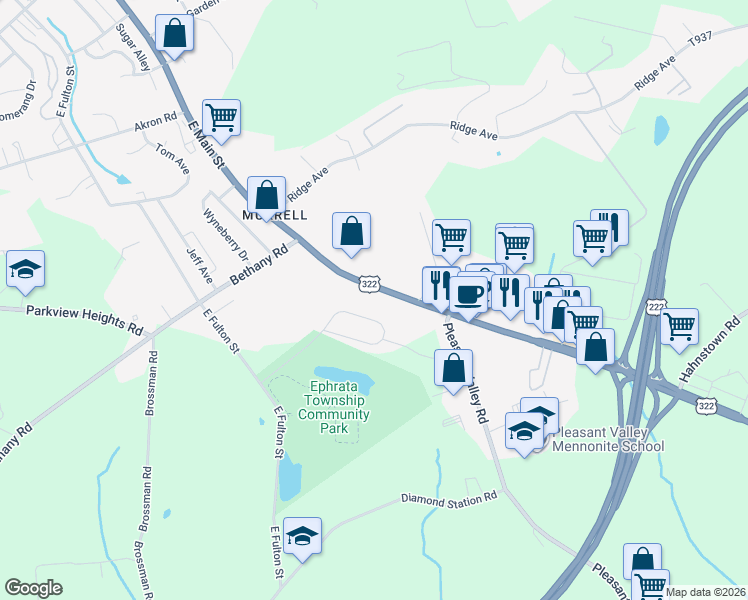 map of restaurants, bars, coffee shops, grocery stores, and more near 767 East Main Street in Ephrata