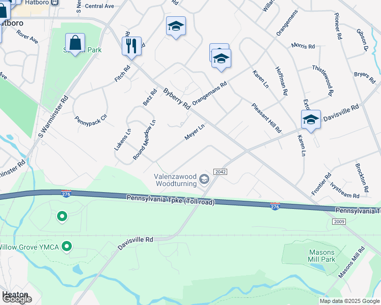 map of restaurants, bars, coffee shops, grocery stores, and more near 2536 Damian Drive in Hatboro