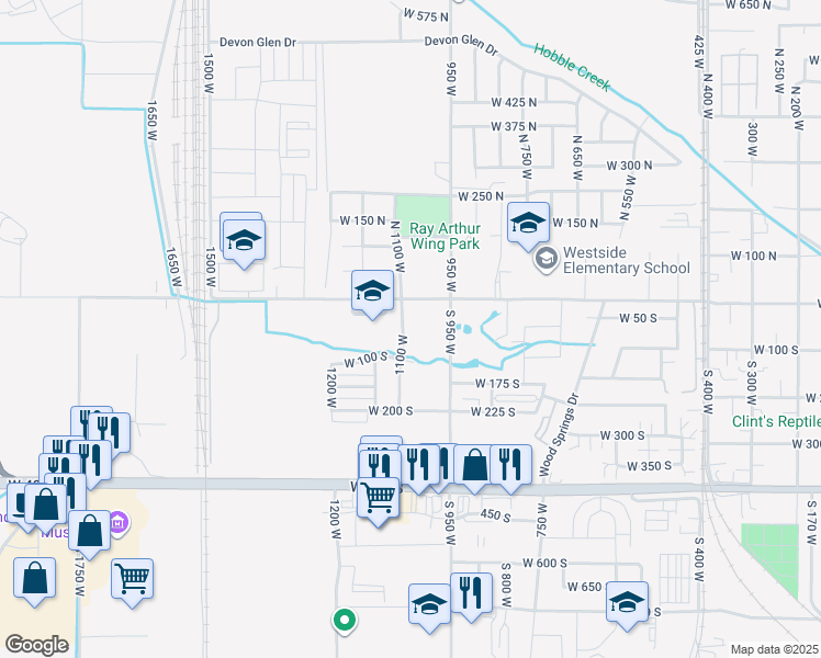 map of restaurants, bars, coffee shops, grocery stores, and more near 57 South 1100 West in Springville