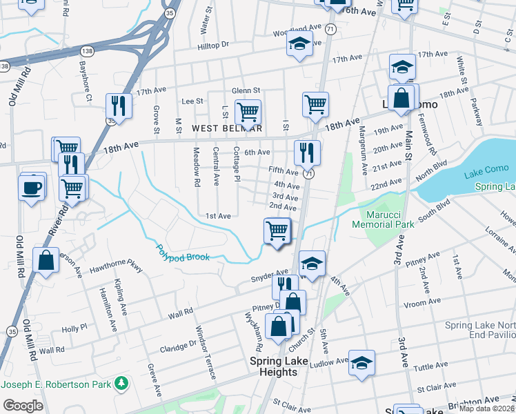 map of restaurants, bars, coffee shops, grocery stores, and more near 1025 2nd Avenue in Wall Township
