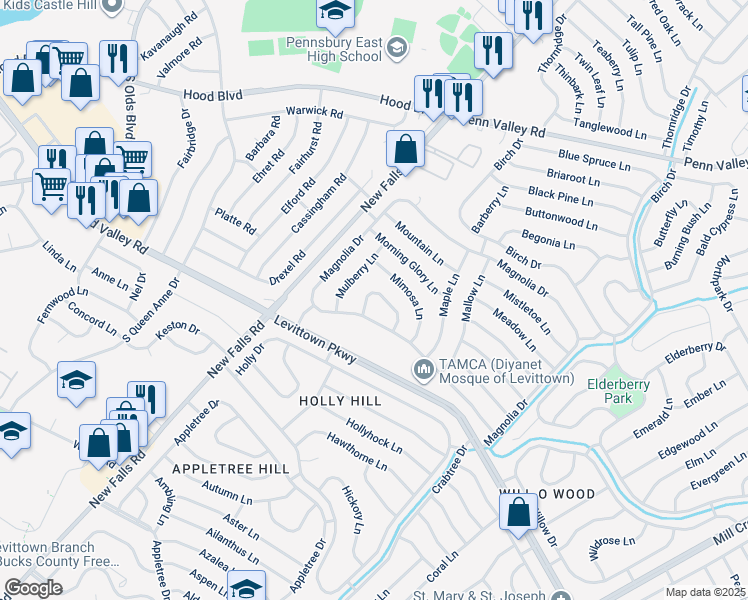 map of restaurants, bars, coffee shops, grocery stores, and more near 27 Marigold Circle in Levittown