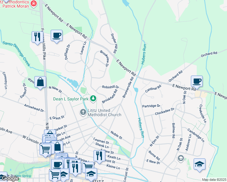 map of restaurants, bars, coffee shops, grocery stores, and more near 79 Brookfield Road in Lititz