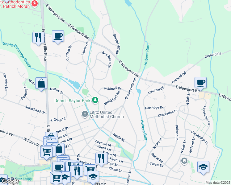 map of restaurants, bars, coffee shops, grocery stores, and more near 79 Brookfield Road in Lititz