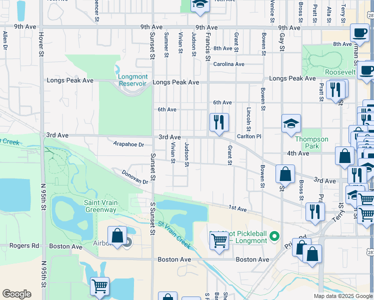 map of restaurants, bars, coffee shops, grocery stores, and more near 207 Judson Street in Longmont