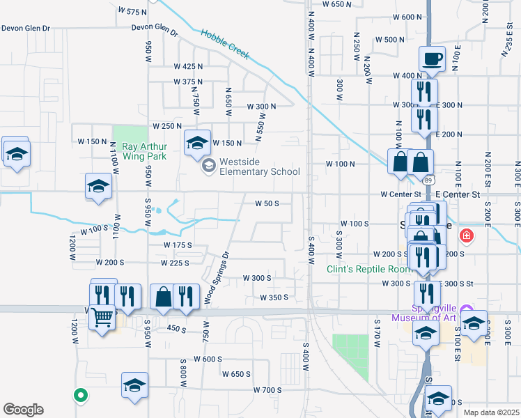 map of restaurants, bars, coffee shops, grocery stores, and more near 502 West 100 South in Springville