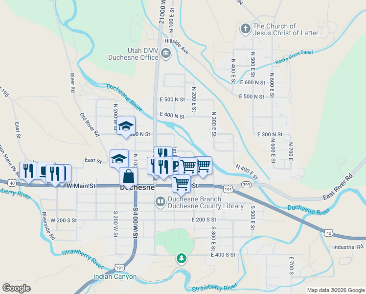 map of restaurants, bars, coffee shops, grocery stores, and more near 171 North 200 East in Duchesne