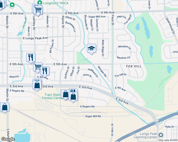 map of restaurants, bars, coffee shops, grocery stores, and more near 709 Hubbard Drive in Longmont