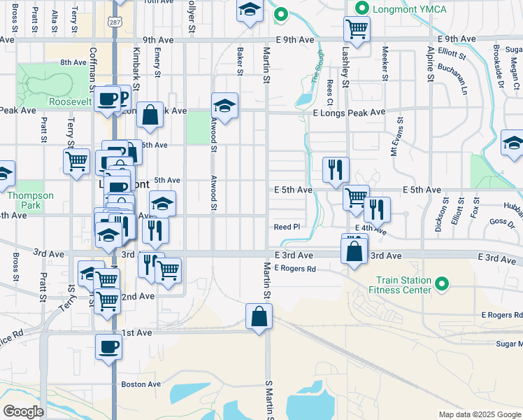 map of restaurants, bars, coffee shops, grocery stores, and more near 360 Martin Street in Longmont