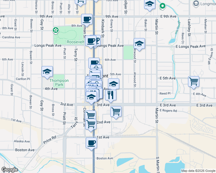 map of restaurants, bars, coffee shops, grocery stores, and more near 457 4th Avenue in Longmont