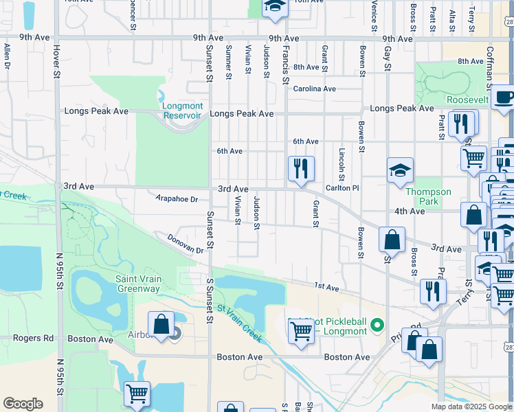 map of restaurants, bars, coffee shops, grocery stores, and more near 207 Judson Street in Longmont