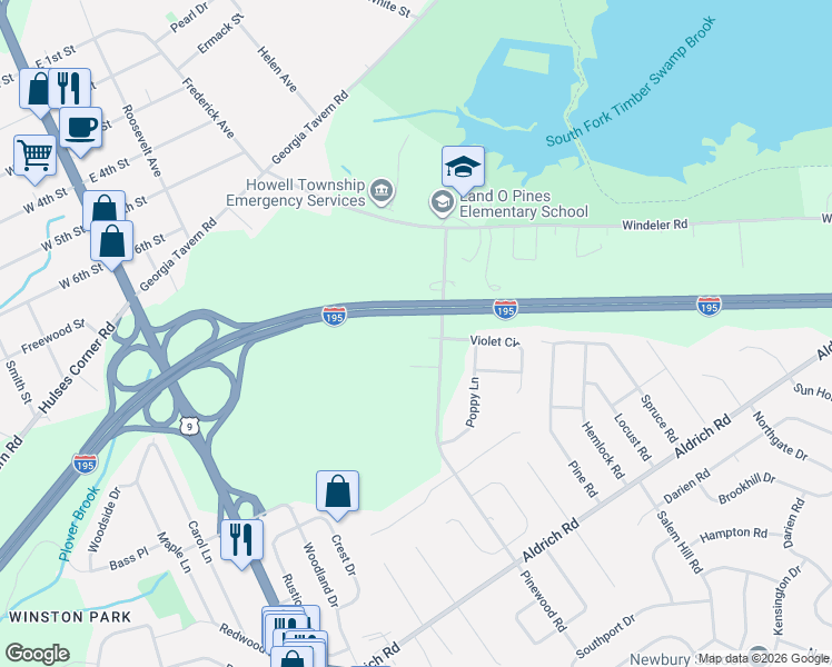map of restaurants, bars, coffee shops, grocery stores, and more near 34 Pinewood Road in Howell Township