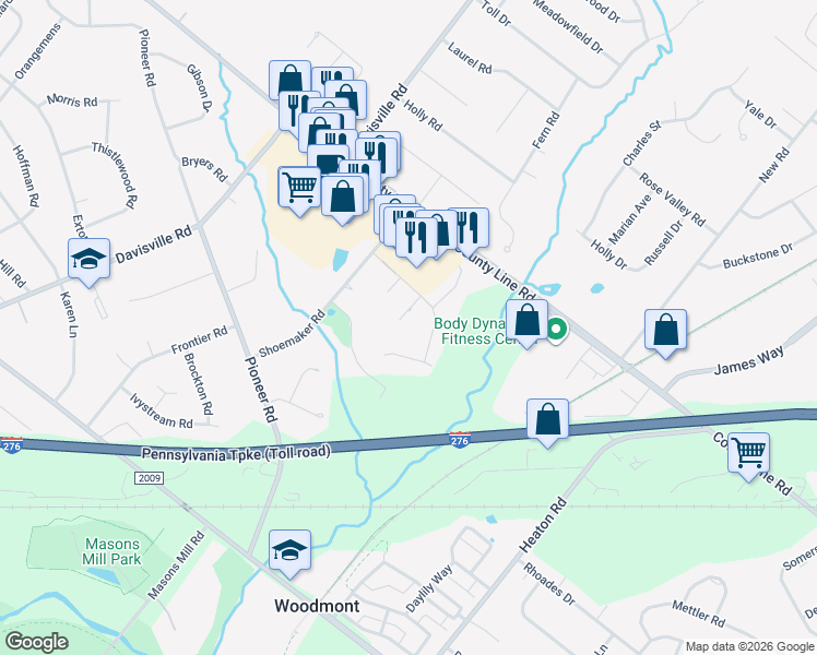 map of restaurants, bars, coffee shops, grocery stores, and more near 2043 Elder Drive in Montgomery County