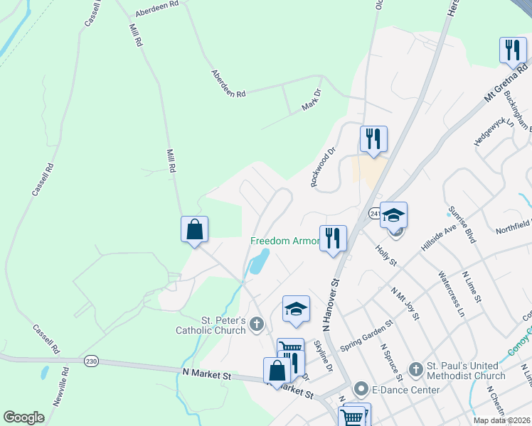 map of restaurants, bars, coffee shops, grocery stores, and more near 167 Sun Valley Road in Elizabethtown