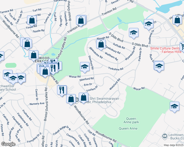 map of restaurants, bars, coffee shops, grocery stores, and more near 237 Stanford Road in Fairless Hills