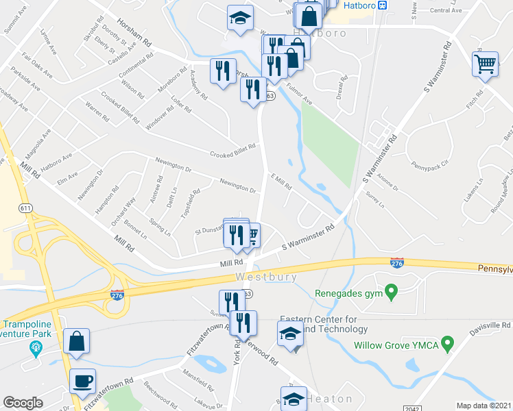 map of restaurants, bars, coffee shops, grocery stores, and more near 642 South York Road in Hatboro