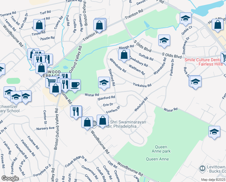 map of restaurants, bars, coffee shops, grocery stores, and more near 237 Stanford Road in Fairless Hills