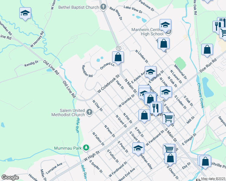 map of restaurants, bars, coffee shops, grocery stores, and more near 162 North Charlotte Street in Manheim