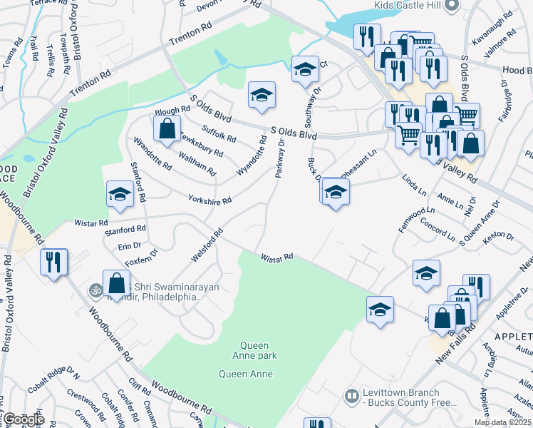 map of restaurants, bars, coffee shops, grocery stores, and more near 605 Parkway Drive in Fairless Hills