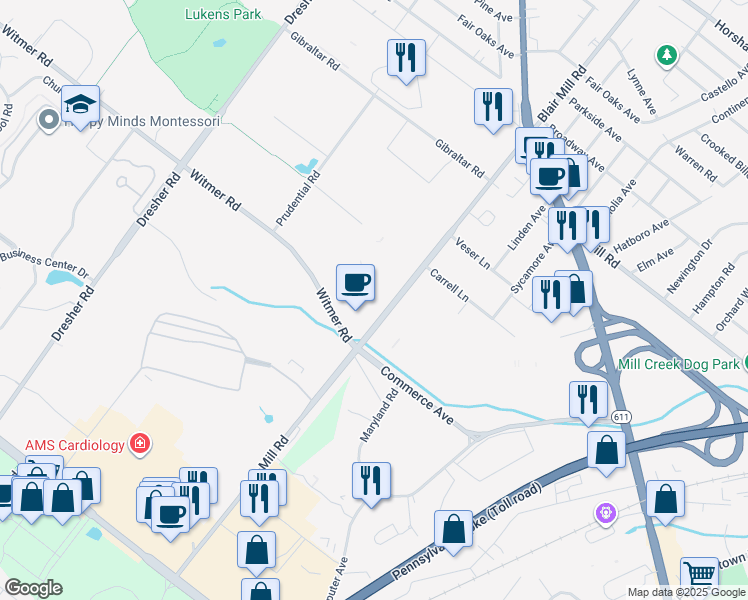 map of restaurants, bars, coffee shops, grocery stores, and more near 100 Witmer Road in Horsham