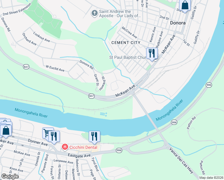 map of restaurants, bars, coffee shops, grocery stores, and more near 110 Highland Terrace in Donora