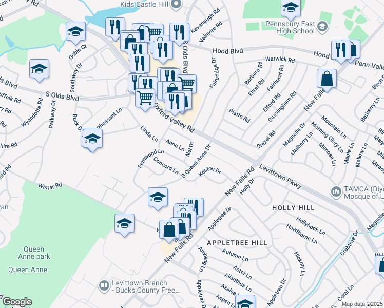 map of restaurants, bars, coffee shops, grocery stores, and more near 523 Nel Drive in Fairless Hills
