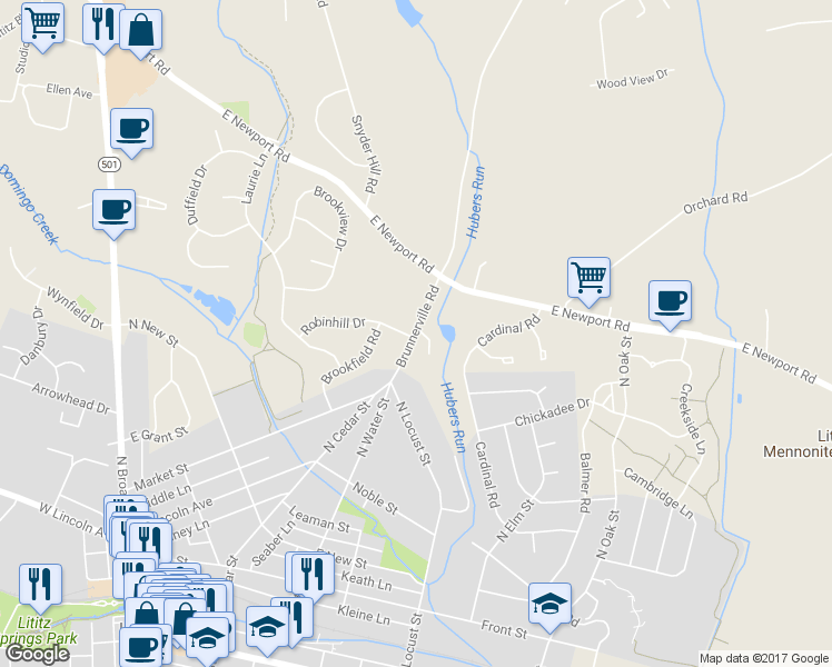 map of restaurants, bars, coffee shops, grocery stores, and more near Brunnerville Road in Lititz