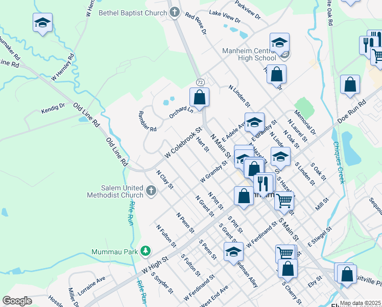 map of restaurants, bars, coffee shops, grocery stores, and more near 162 North Charlotte Street in Manheim