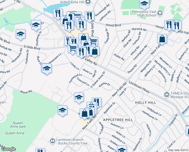 map of restaurants, bars, coffee shops, grocery stores, and more near 523 Nel Drive in Fairless Hills
