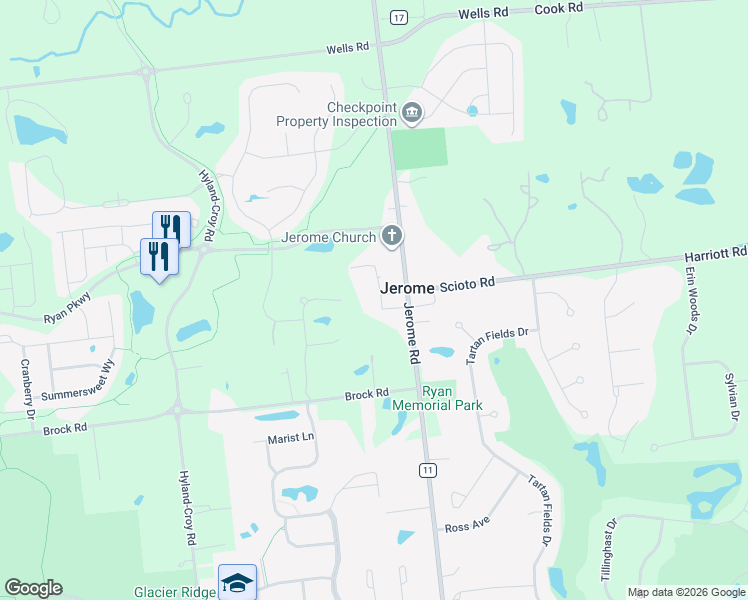 map of restaurants, bars, coffee shops, grocery stores, and more near 10455 Faulk Street in Plain City