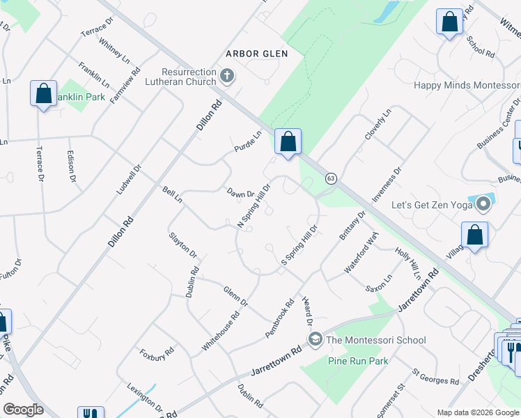 map of restaurants, bars, coffee shops, grocery stores, and more near 1417 Patrick Court in Maple Glen