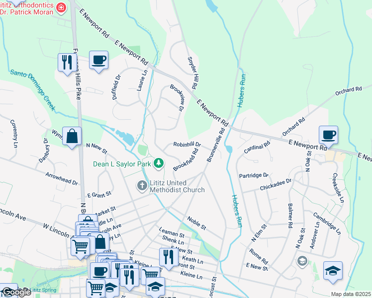 map of restaurants, bars, coffee shops, grocery stores, and more near 55 Robinhill Drive in Lititz