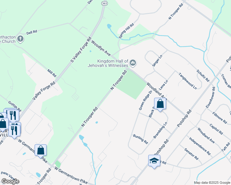 map of restaurants, bars, coffee shops, grocery stores, and more near 1216 North Trooper Road in Eagleville