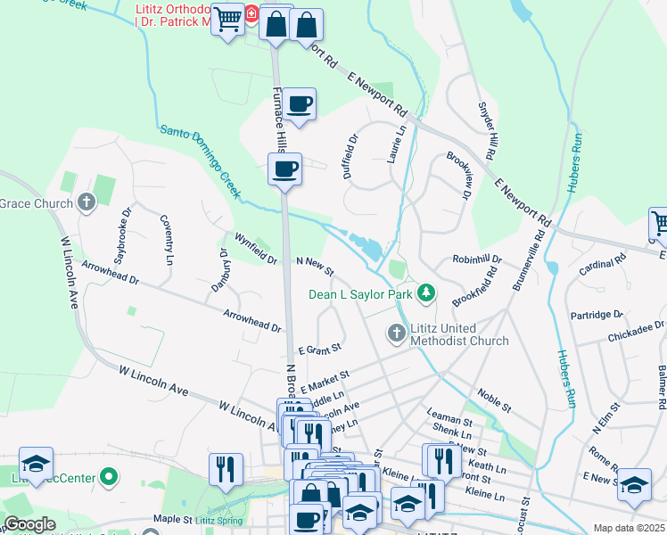 map of restaurants, bars, coffee shops, grocery stores, and more near 339 North New Street in Lititz
