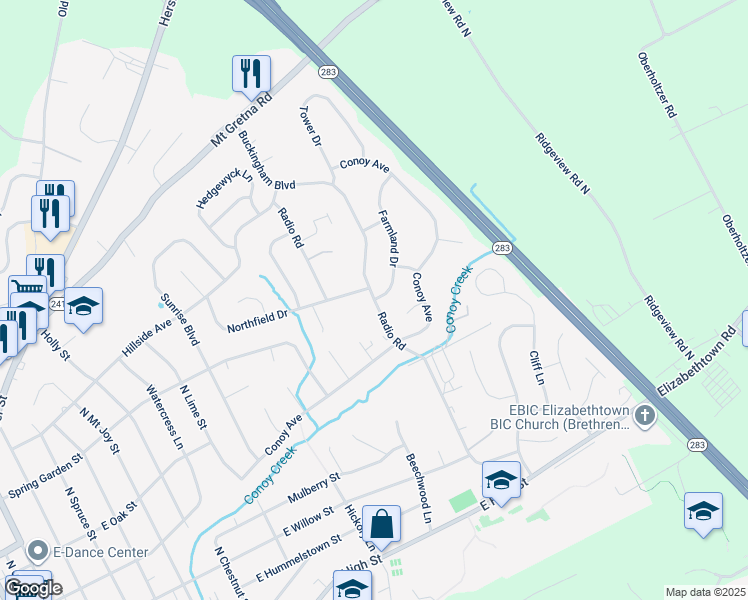 map of restaurants, bars, coffee shops, grocery stores, and more near 200 Farmland Drive in Elizabethtown