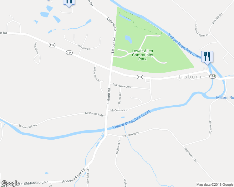 map of restaurants, bars, coffee shops, grocery stores, and more near 4120 Burns Rd in Mechanicsburg
